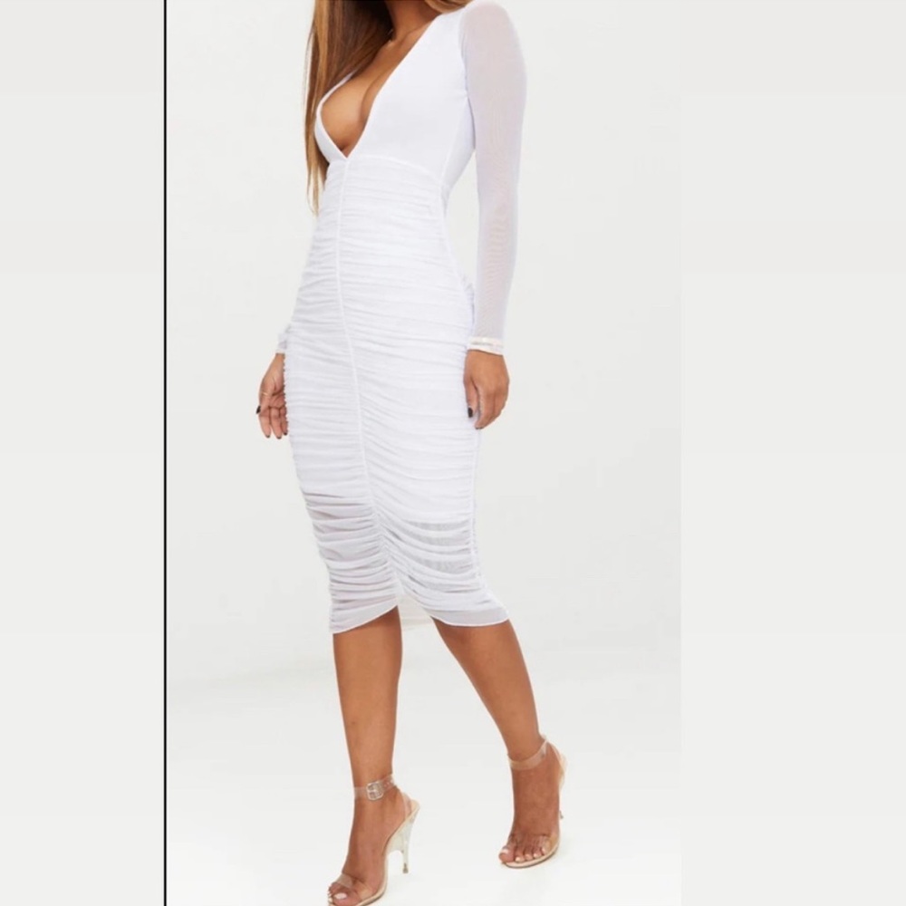 Pretty Little Thing ruched mesh midi dress. Size 8